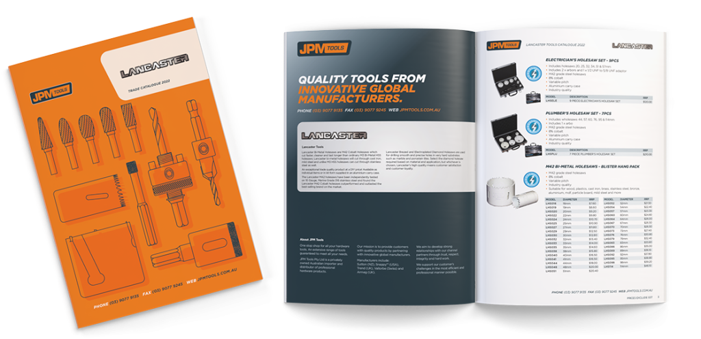 Lancaster tools catalogue cover and spread